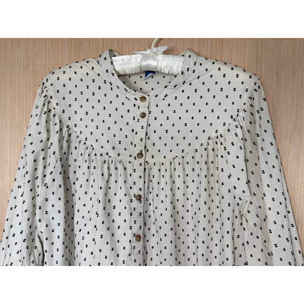 Old Navy Puff Sleeve Black Clip Dot Henley Blouse Size XXL Cream 100% Cotton